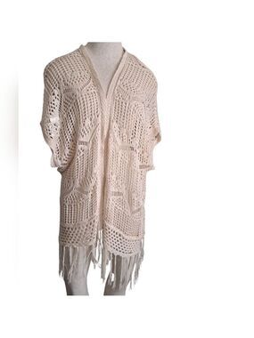 DEX crochet knit open front vest fringe neutral beige coastal Bohemian airy M